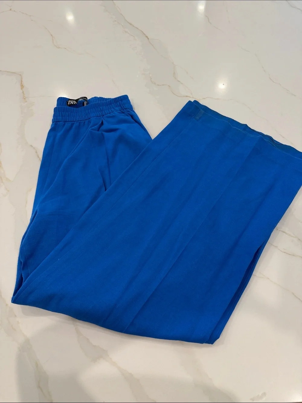Zara Linen Elastic-Waist Wide Leg Pants in Bright Blue size XS